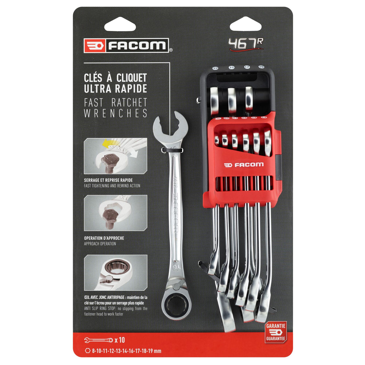 Jeu de clés mixtes à fourche à cliquet métriques, 10 pièces, de 8 à 19 mm