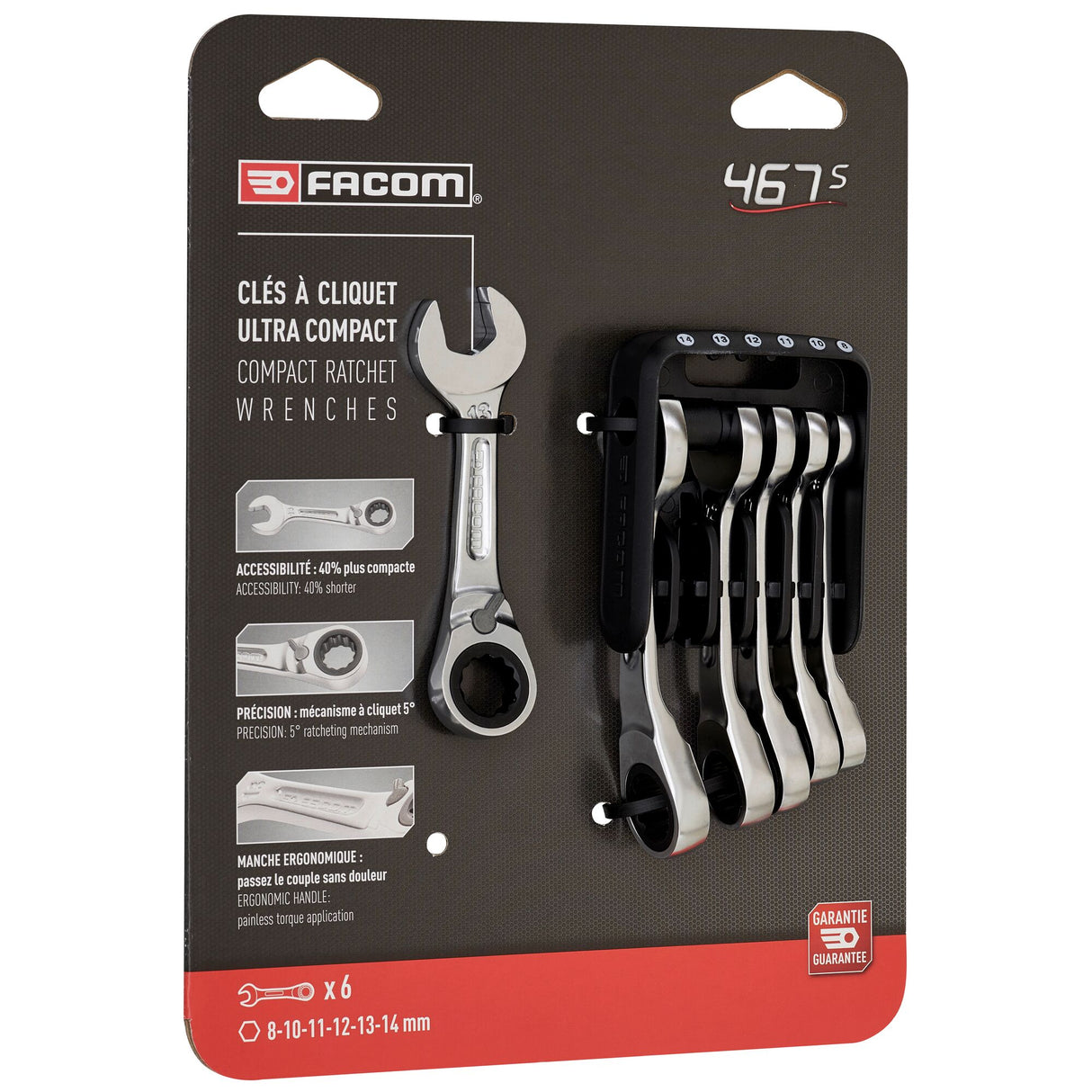 467BS - Jeux de clés mixtes à cliquet courtes sur étui portatif