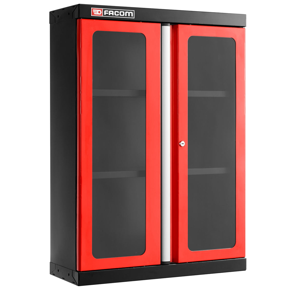 Meuble haut, 2 portes vitrées en plexi, 2 étagères, rouge