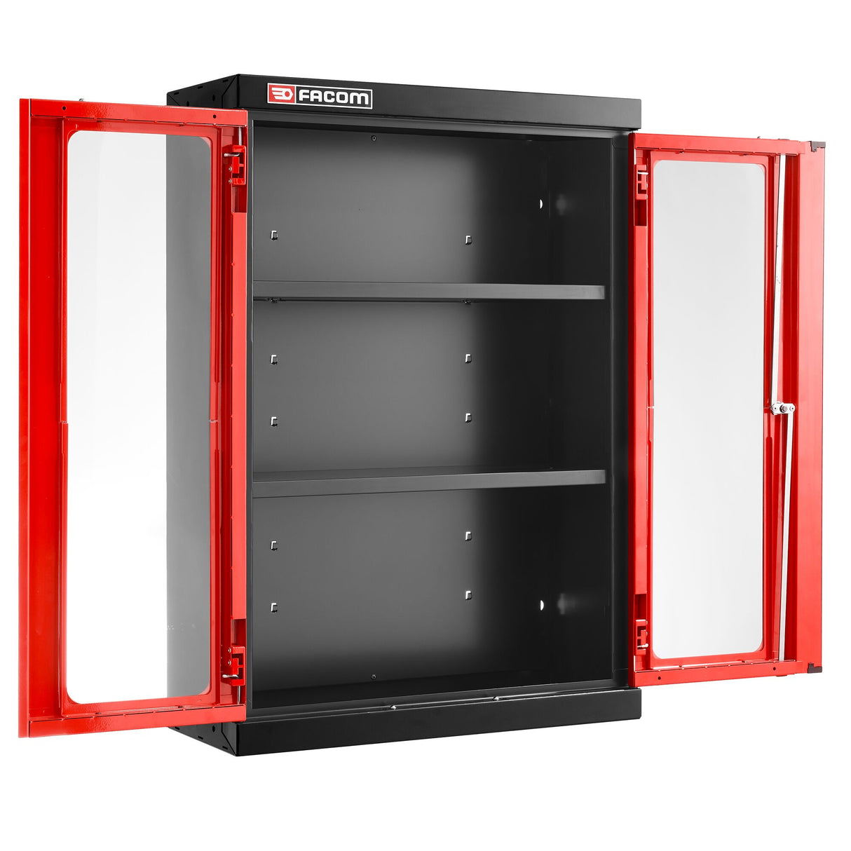 Meuble haut, 2 portes vitrées en plexi, 2 étagères, rouge