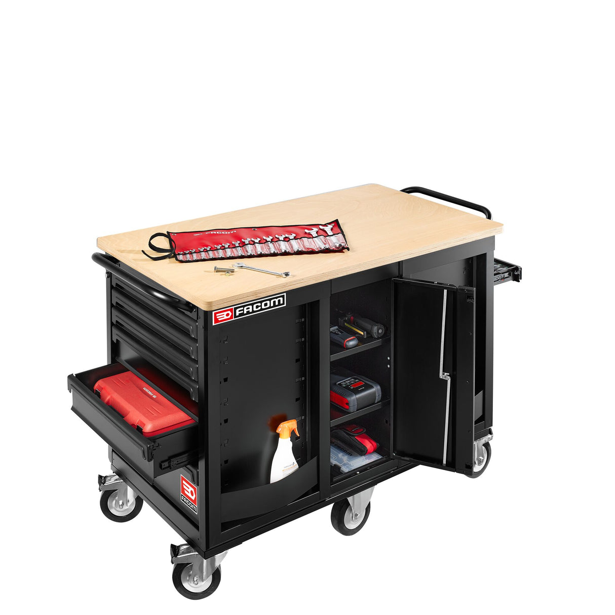 Établi mobile de maintenance lourde à 14 tiroirs + placard.